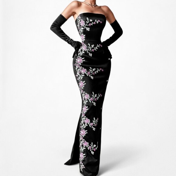 Vintage Black Strapless Floral Embroidered Satin Maxi Bodycon Prom Dress Size M - Picture 1 of 6